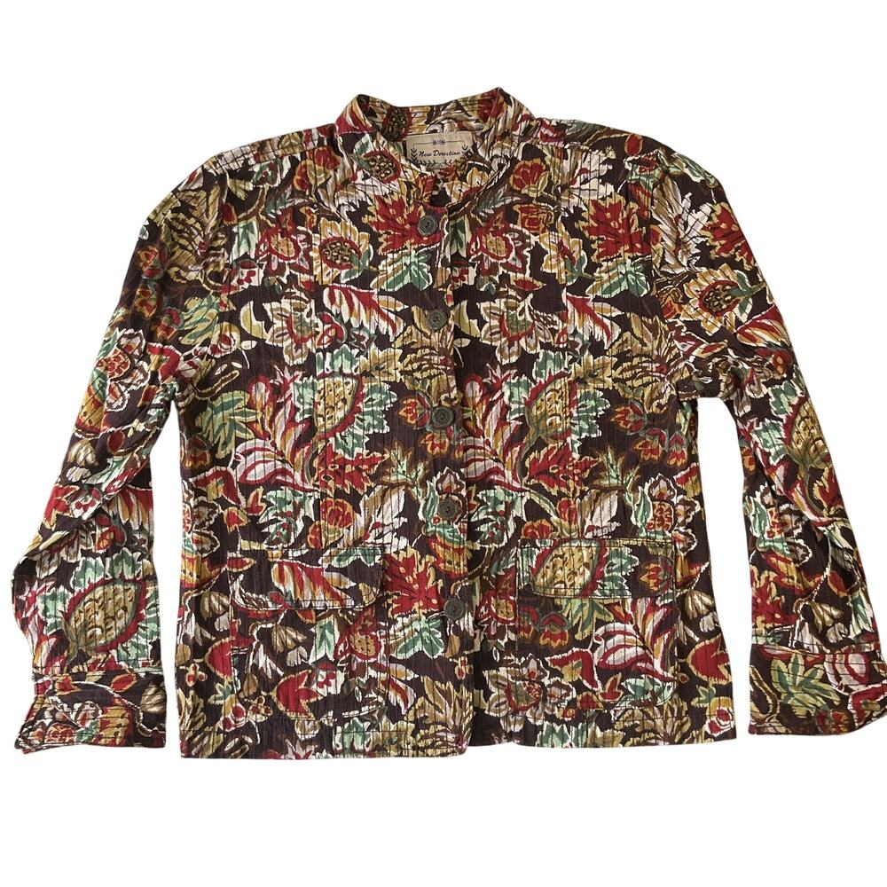 New Direction Women Button Up Jacket Size M Brown Floral Mandarin 100% Cotton